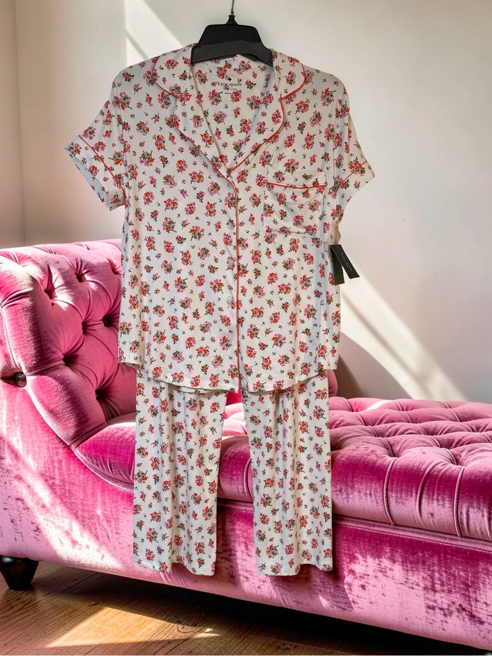 kate spade NWT Sz S White & Pink Short-Sleeve Long Pants Pajama Set (0881)